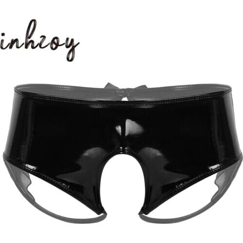 Men Wet Look Black Patent Leather Open Crotchless Sissy Panties Lingerie for Male Gay Underwear Sheer Organza Trim Erotic Briefs