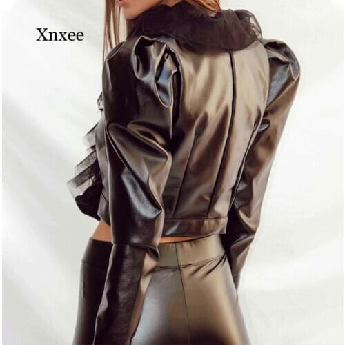 Streetwear Women Jacket Black Short Pu Leather Coat Ladies Slim Fashion Womens Mesh V-Neck Flare Long Sleeve Bow Tie-Up Jackets