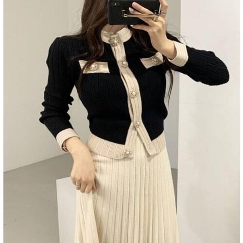 High Quality New Fall Winter Pearl Buttons Single Breasted Cardigan Sweater Skirt Suits + Elastic Waist Draped Knitted Sets Outf