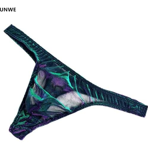 UNWE Green+Purple Bright Mesh G-string Mens Low Rise Novel Erotic Underwear for Men Gay Thong Ultra-thin Club Wear Nightwear