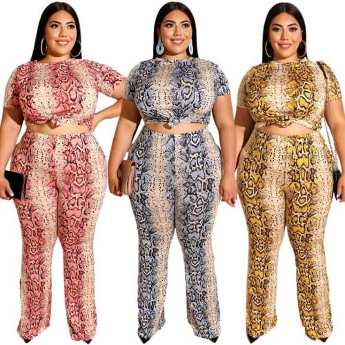 Ready to Ship 2021 Plus size women clothing snake printed straight leg trousers set in snake print 2 piece set women plus size