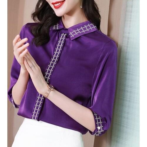 Women silk embroidered plaid shirt blouses Office ladies fashion satin silk shirts women tops high quality clothes