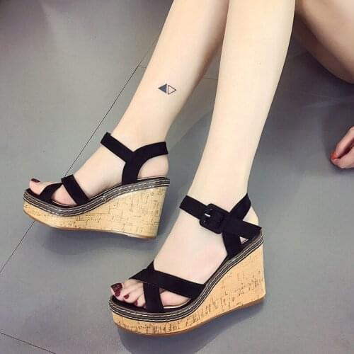Wedge Heel Sandals Womens Summer High-heeled Womens Sandals One-word Buckle Straps Cross Back Strap Womens Shoes High Quality