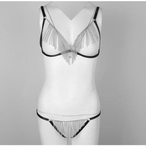 Womens Sexy Punk Chain Tassel Harness Strappy Cage Bra Panties Set