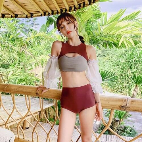 2021 New Korean Style One Piece Swimsuit Solid Patchwork Swimwear Women Push Up Monokini Trikini High Neck Bathing Suit