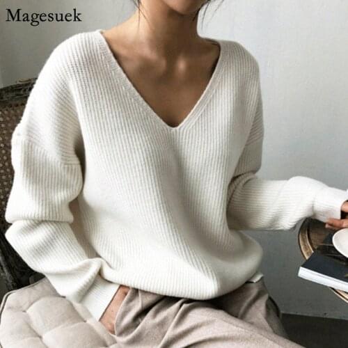 Autumn Winter Casual Knitted Sweater V-Neck Vintage Sweaters For Women Pullover Solid Plus Size Sweaters Women Jumper 7290 50