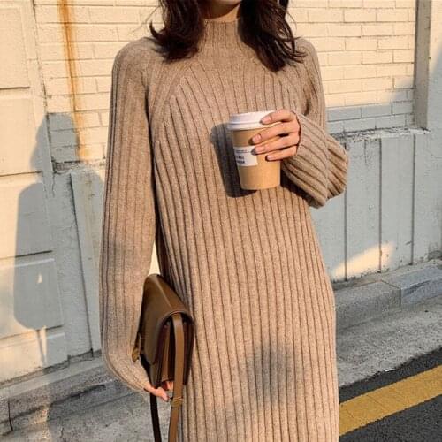Winter Clothes Women Casual Autumn Warm Knitted Korean Solid Pollover Thick 2021 New Jumper Dresses Woman Sweater Dress Midi