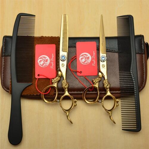 4Pcs/Set 6'' Golden 440C Professional Human Hair Hairdressing Scissors Combs + Cutting + Thinning Shears Big Dragon Handle Z9004