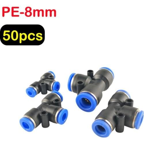50pcs 3 Way T shaped Tee Pneumatic 8mm OD Hose Tube Push In Air Gas Fitting Quick Fittings Connector Adapters