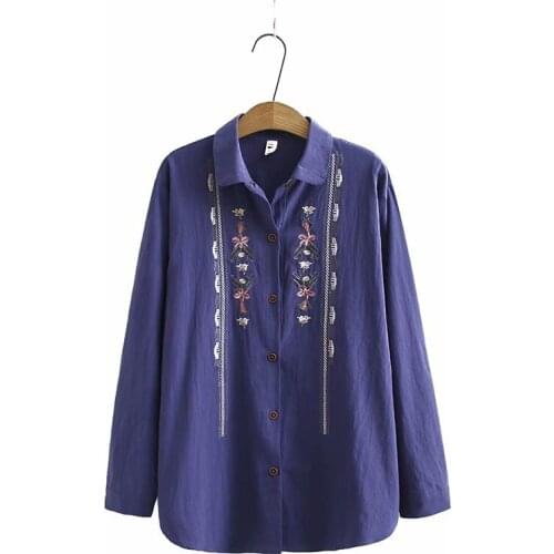 Plus Size XL-4XL Women Flower Embroidery Blouse Vintage Long Sleeve Loose Pink Yellow Tops Spring Autumn New Blusas