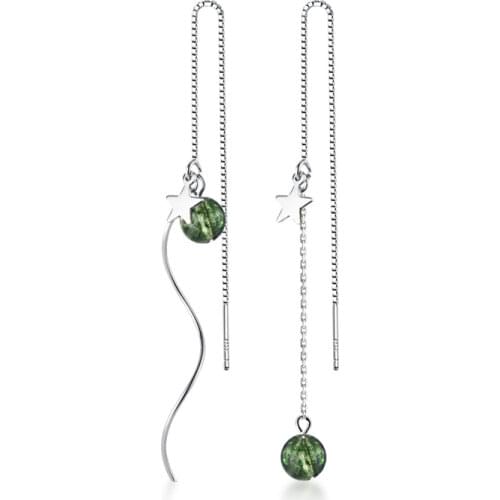 Real. 925 Sterling Silver Double Rows Green Ghost Crystal &Star Wave Long Threader earrings tassel Pull Through C-G4925