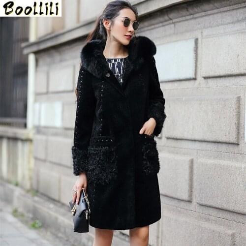 Boollili Womens Real Fur Coat With Fox Fur Collar Hooded Natural Sheep Shearling Jackets For Women Winter Warm Fur Coats