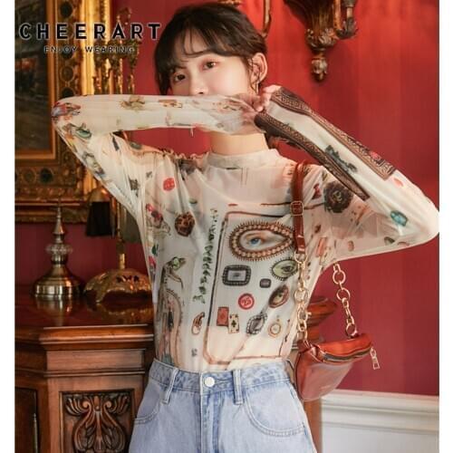CHEERART Autumn Long Sleeve Mesh Top Women 2020 Graphic T Shirt Print Tshirt Vintage Ladies Top Aesthetic Tee Shirt Femme