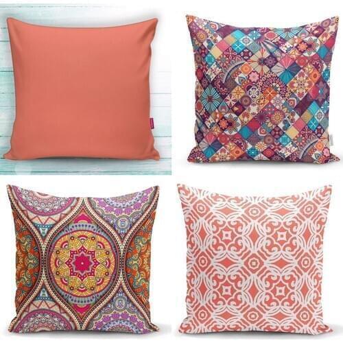 Realhomes Coral Colored 4-Piece Combination Decorative Cushion Cover Set