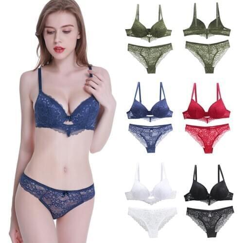 Lace Bra Set Women Plus Size Push Up Underwear Set Adjusted-straps Bra and Thong Set 34 36 38 40 42 44 A B C D DD Cup
