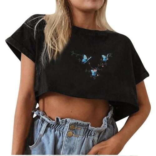 Butterfly Printed Crop Top T Shirt Women Fashion High Waist Short Sleeve Harajuku Summer Graphic Tees Women Tee Mujer Camisetas