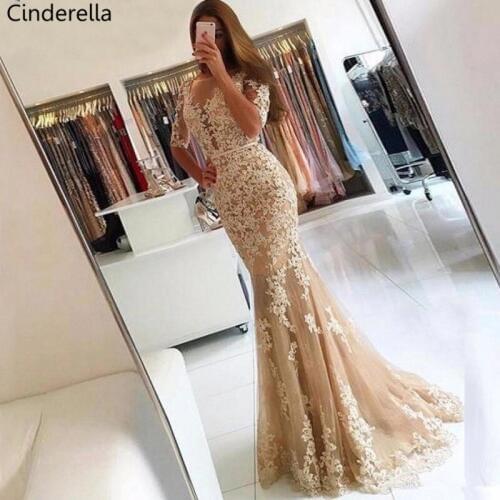 Cinderella Hot Champagne Scoop Half Sleeves Floor Length Lace Applique Tulle Mermaid Evening Dresses vestidos de fiesta de noche
