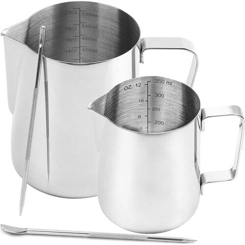 2 Pack Milk Frothing Pitcher,Stainless Steel Espresso Steaming Pitchers with Measurement Inside,Milk Frother(12OZ&20OZ)