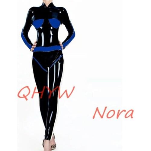 Latex Catsuit Black with Blue Bodysuit with Back Zipper Size XXS-XXL for Women