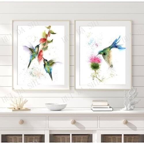 Flying Hummingbirds fine art print Set of 2 wall art decor, Watercolor Flying bird, Flowers Colorful artwork