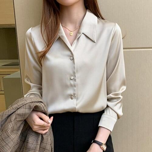 Fashion clothing female New 2021 Long Sleeve Blouses Shirt female V-neck Button Up Satin Silk Shirt Vintage harajuku shirt 580D