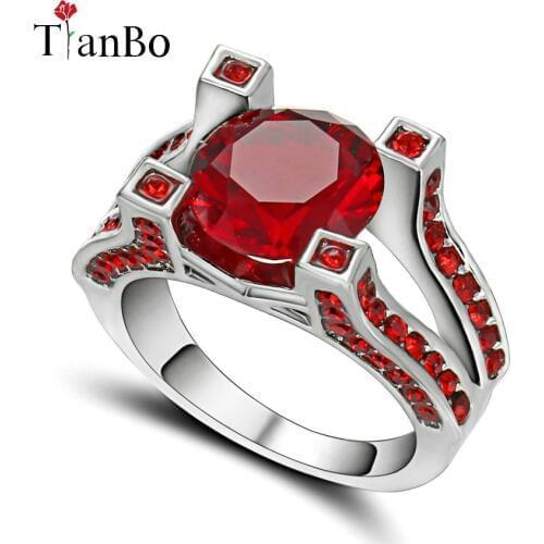 TianBo Fashion Red / Sky-blue Zircon Ring Size 7 for Women Men Engagement Ring White / Black Gold Colour CZ Birthstone Jewelry