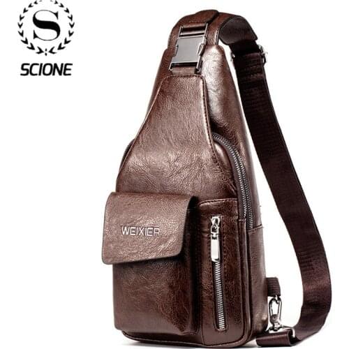 Scione Men Chest Bag Leather Waterproof With USB Charging Earphone Hole Casual Messenger Shoulder Bag For Male Crossbody Bag