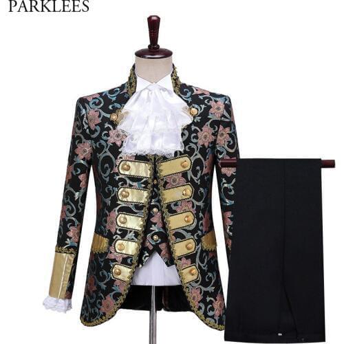 Men Fashion Five-piece Court Suit Set Gothic Style Palace Floral Suits with Pants Mens Chorus Drama Outfit Stage Prom Costume XL