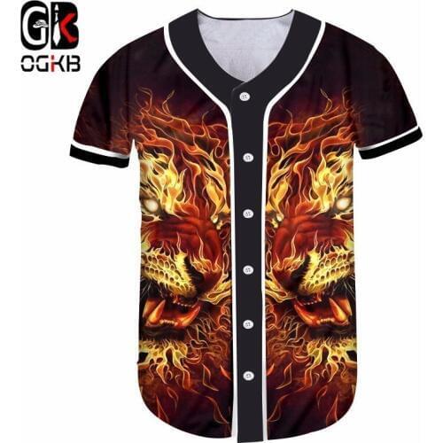 OGKB Summer Baseball Shirts Print Flame Lion 3d Button T-shirts For Hiphop Workout Fitness Short Sleeve TShirts