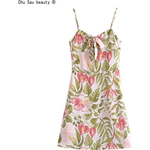 2021 Summer New Holiday Style Floral Print Suspender Dress Mini Lace-Up Back Elastic Slim A-Line Zipper Vestido Chic