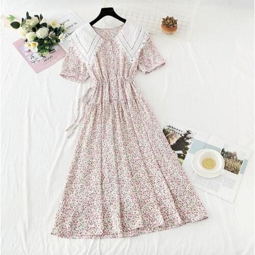 Summer Women Floral Print Dress Age-reducing Doll Collar Female Vintage Chiffon Dress Elegant Ruffle Party Midi Vestidos 2021