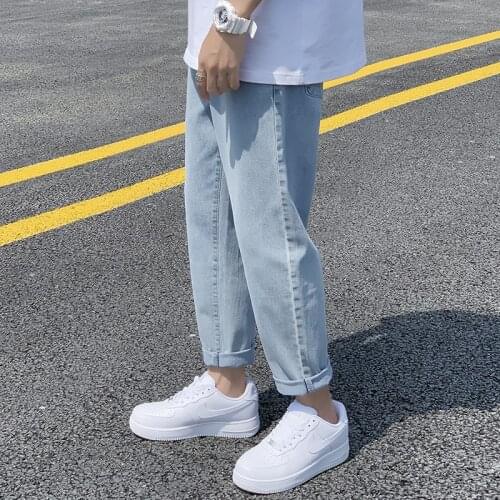 Straight Loose Cropped Jeans Men Korean Streetwear Mens Crop Pants Fashion Casual Denim Trousere Blue Baggy Hip Hop Jean