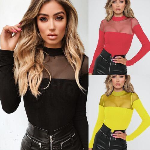 S-XL women mesh patchwork long sleeve bodysuit lady casual leisure brand bodysuit