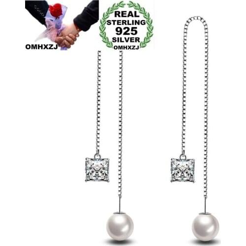OMHXZJ Wholesale Personality Fashion OL Woman Girl Party White Green Pearl Zircon 30% Sterling Silver Earrings Ear Line YE338