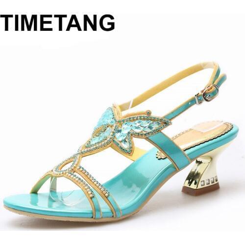 TIMETANGNew Summer Leather Sandals Rhinestone Shoes Luxury Diamond Thick Heel Blue Party Sandals Plus Size 43 44E1065