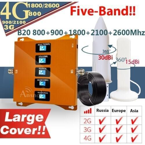 Five-Band CellPhone Cellular Booster B20 800/900/1800/2100/2600Mhz 4G Cellular Amplifier GSM Repeater 2G3G4G Signal Booster GSM