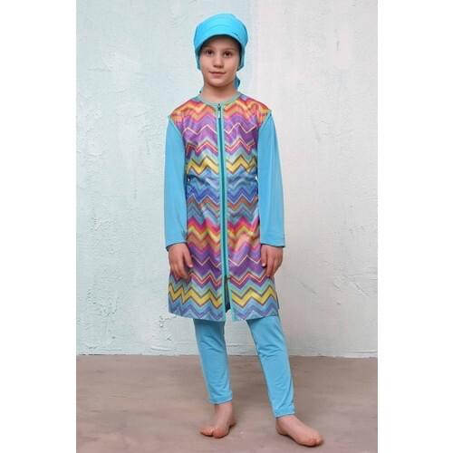 Full Closed Muslim Hijab Jowl Game Blue Print Hijab Female Child Swimwear New season 2021 Trend