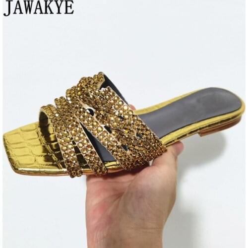 2021 New Square Toe Crystal Women Slides Blingbling Diamond Flat Beach Mules Real Leather Shallow Outs Summer Slippers Women