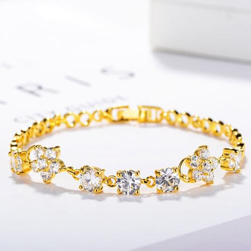 Classical 24K Yellow Gold Bracelet For Women Trend AAA Zircon Crystal Flower Ladies Brcelet Wedding Birthday Fine Jewelry Gifts