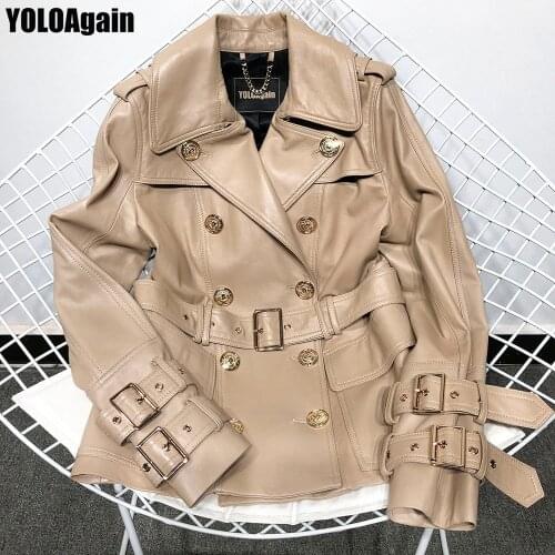 YOLOAgain women genuine leather jacket ladies double breasted real leather blazer