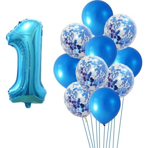 12pcs/lot Blue Confetti Latex Balloons 0-9 Number Foil Balloons Baby Shower Kids Birthday Party Decoration Party Event Supplies