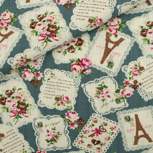 130cmx50cm Ripstop Cotton Linen Fabric for handmad, bed, bag, curtain - Rose and tower - bllue (LF096)