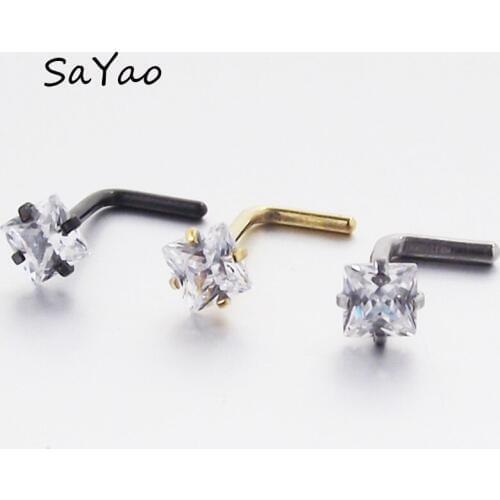 2Piece 0.8x7x3mm nostril nose stud L Shape nose ring Square Zircon Nose Studs Ring Twist Screw Nose Septum Piercing Body Jewelry