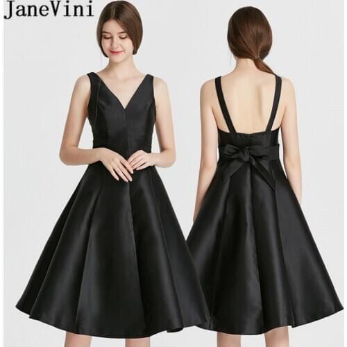 JaneVini Satin Black Bridesmaid Dresses Mid-length Maid of Honor Wedding Party Dress 2020 V Neck Backless Cocktail Formal Gowns