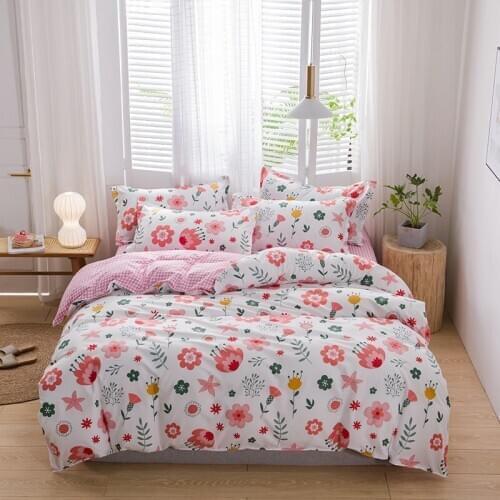 White Cartoon Pink Plaid Flowers Comforter Bedding Set Cute Luxury Fashion King Queen Twin Size Bed Linen Duvet Cover Set Gift