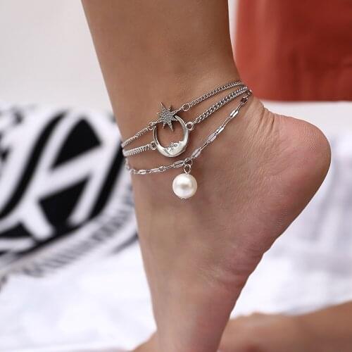 Bohemian Anklet For Women Layered Imitation Pearl Moon Star Foot Chains Charms Anklet Leg Bracelet Foot Sandals Beach Jewelry