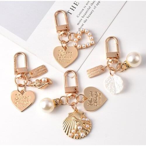 Cute Love Letter Shell Conch Pearl Keychain Girl Bag Accessories Charm Car Keyring Gold-color Pearl Gift For Lover Trinket New