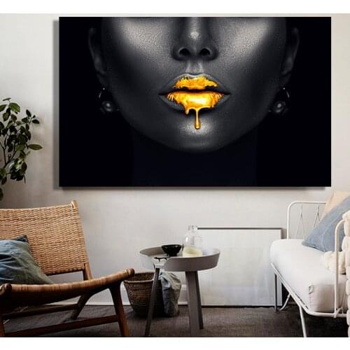 Black African Woman Face Canvas Painting Golden Sexy Lips Posters And Prints Cuadros Wall Art Picture For Living Room Decoration