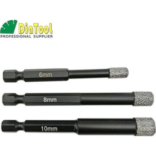 DIATOOL 3pcs 6mm+8mm+10mm Vacuum Brazed Diamond Core Bits Qucik Fitting Shank Dry Drilling Bits Professional Quality Hole Saw
