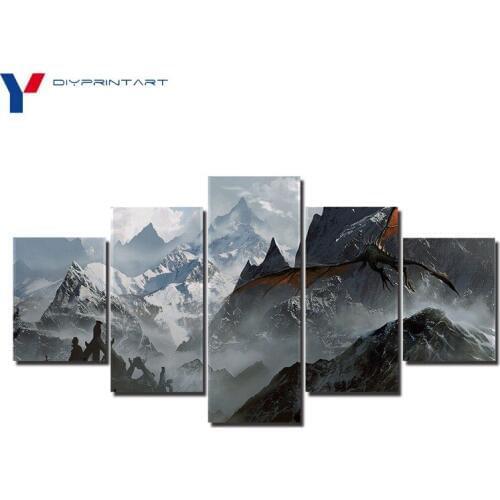 Skyrim Dragon Snow Mountain 5 Panels Paintings Wall Decor Paintings for Home Decoration Living Room A0378